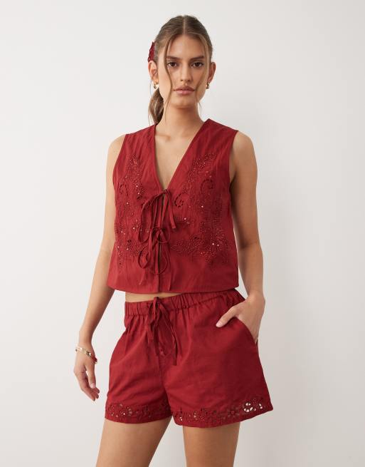 Miss Selfridge cutwork mini shorts co-ord in red, 2 of 5