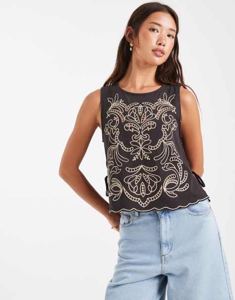 Miss Selfridge cutwork tank top in black - view 1