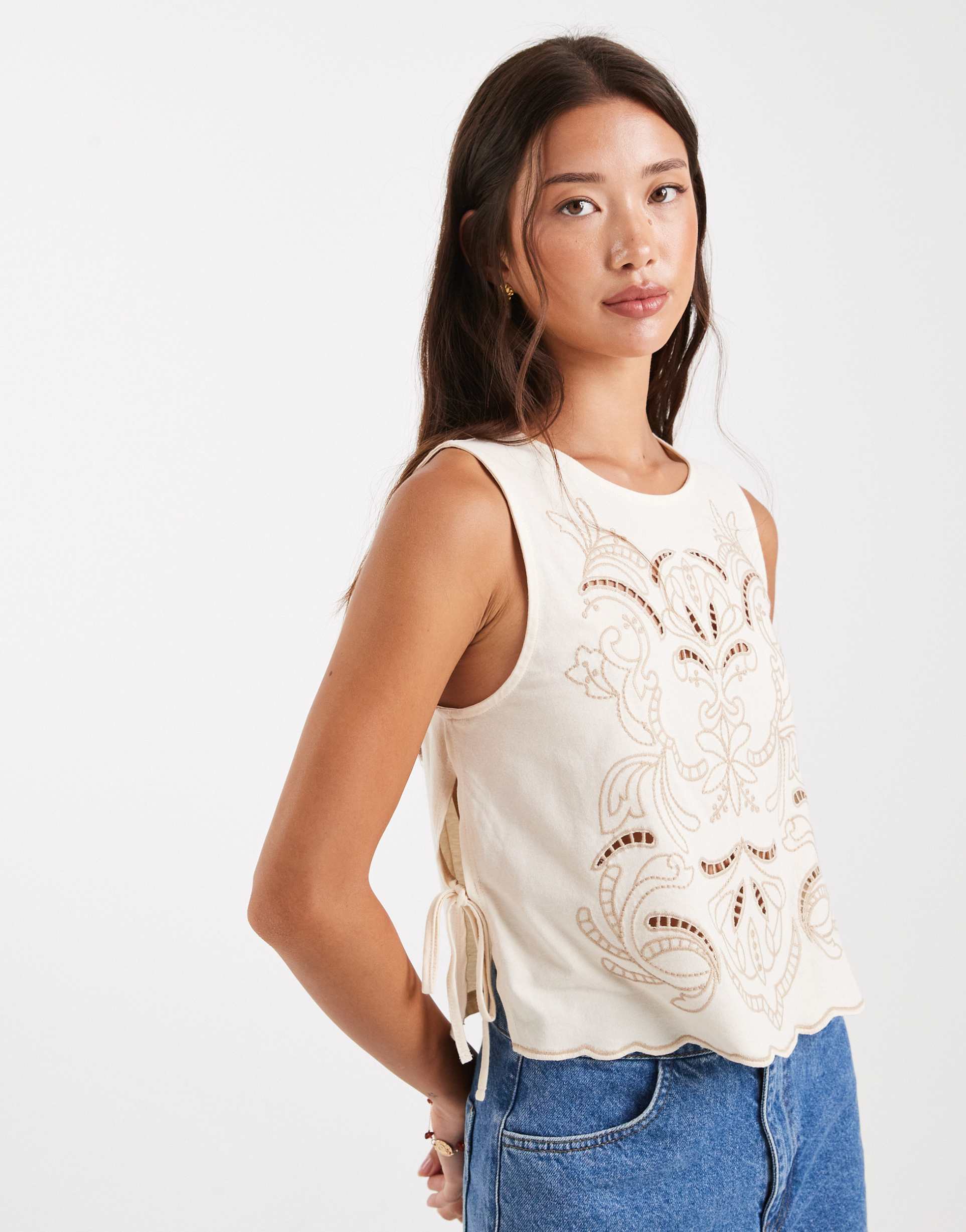 miss selfridge cutwork tank top in ecru