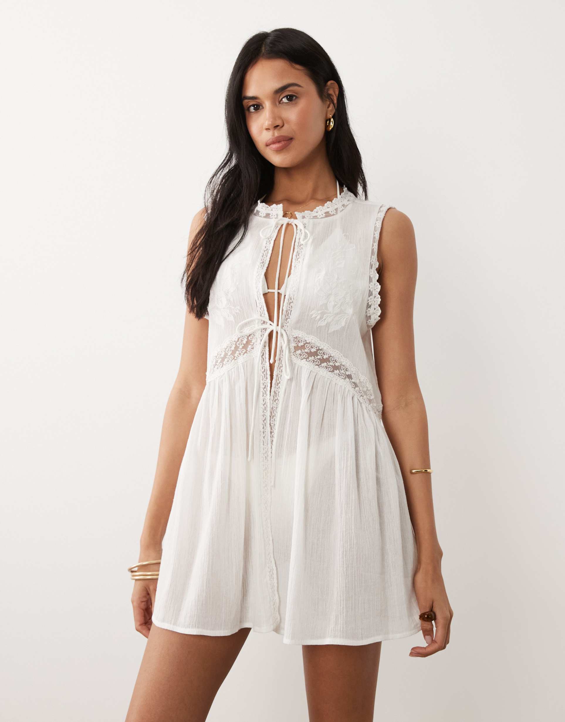 miss selfridge cutwork tie detail mini beach cover-up in white