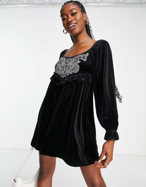 Miss Selfridge cutwork velvet smock dress in black | ASOS