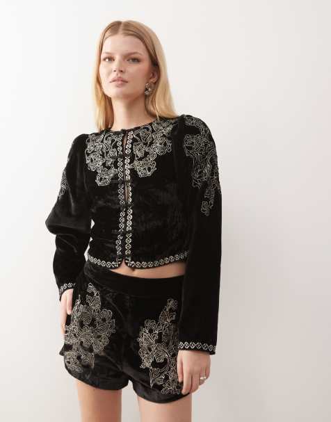 Miss Selfridge embroidered puff sleeve velvet jacket in black