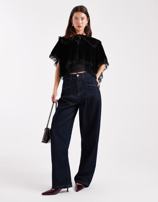 Miss Selfridge – Czarna aksamitno-koronkowa pelerynka, 3 z 4