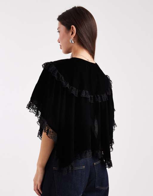 Miss Selfridge – Czarna aksamitno-koronkowa pelerynka, 4 z 4