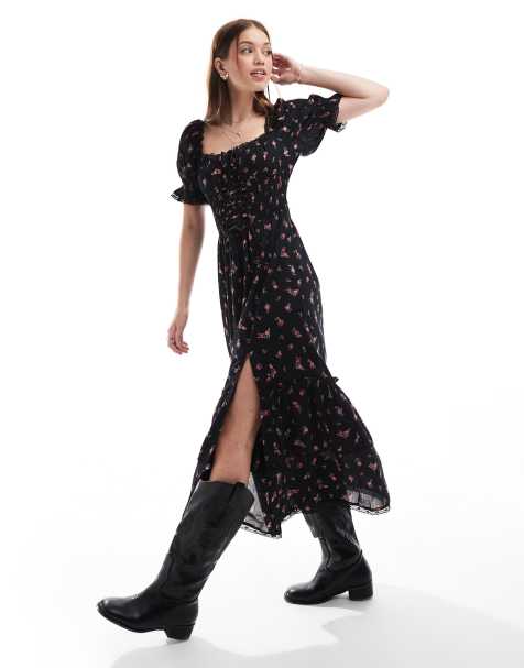 Miss Selfridge – Czarna gorsetowa sukienka kaskadowa maxi w drobny wzór - view 1