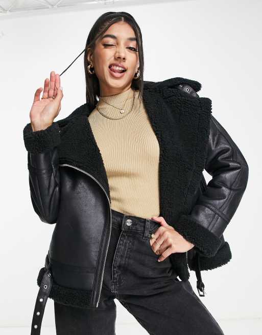 Miss Selfridge – Czarna kurtka typu aviator o wydłużonym fasonie ze sztucznym kożuszkiem