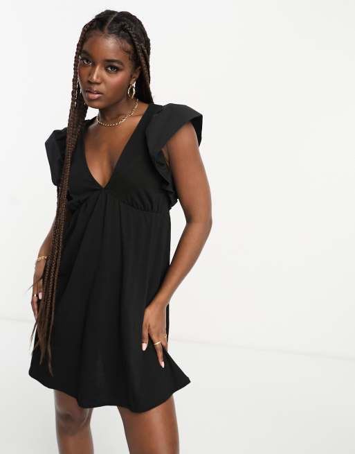 Miss Selfridge – Czarna luźna sukienka mini z rękawami z falbankami