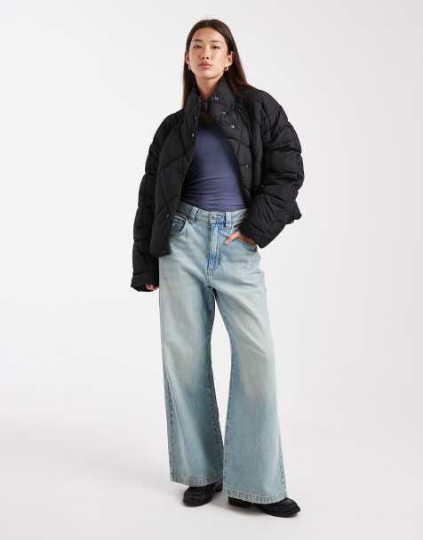 Miss Selfridge oversized quilted funnel neck crop puffer jacket in black
