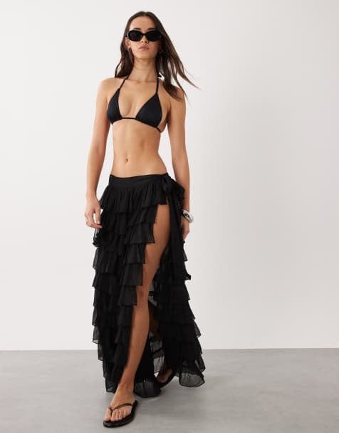 Miss Selfridge – Czarna plażowa szyfonowa spódnica maxi z falbankami i wiązaniem z boku - view 1