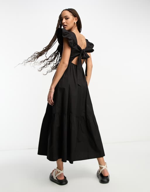Miss Selfridge – Czarna popelinowa sukienka warstwowa maxi z falbankami
