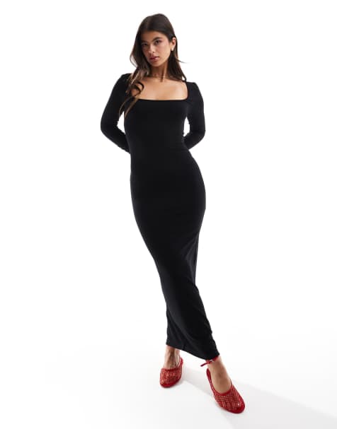 Miss Selfridge – Czarna sukienka maxi z dekoltem w łódkę i długimi rękawami - view 1