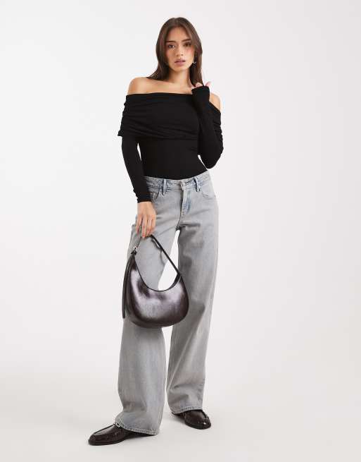 Miss Selfridge – Czarne body z asymetrycznym dekoltem bardot, 4 z 4