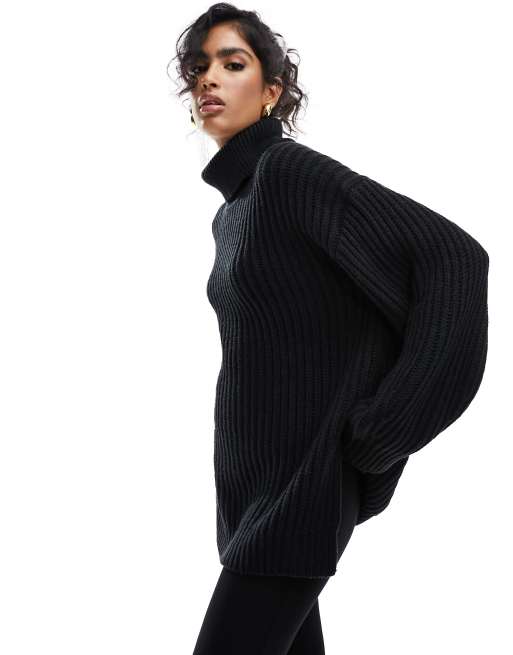 Miss Selfridge – Czarny dzianinowy sweter o wydłużonym fasonie oversize z golfem i rozcięciem po bokach