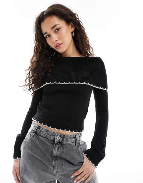 Miss Selfridge – Czarny dzianinowy top z dekoltem bardot i ozdobnym wykończeniem - view 1