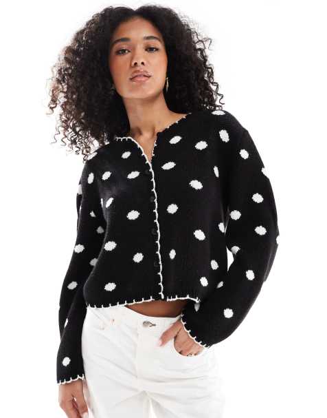 Miss Selfridge blanket stitch polka dot cardigan in black