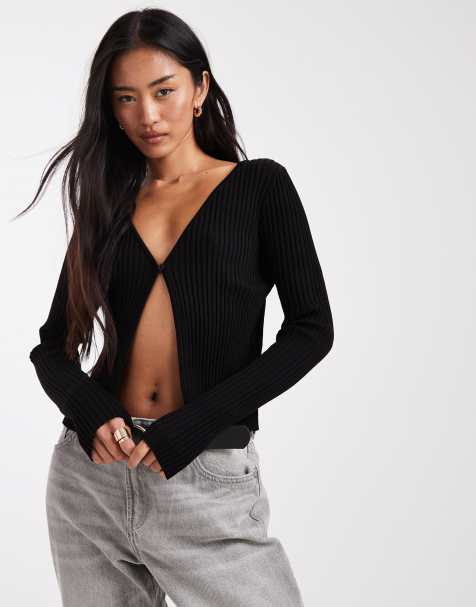 Miss Selfridge rib knit open one button cardigan in black