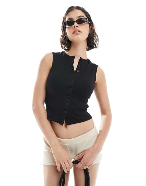 Miss Selfridge ribbed button through top in black