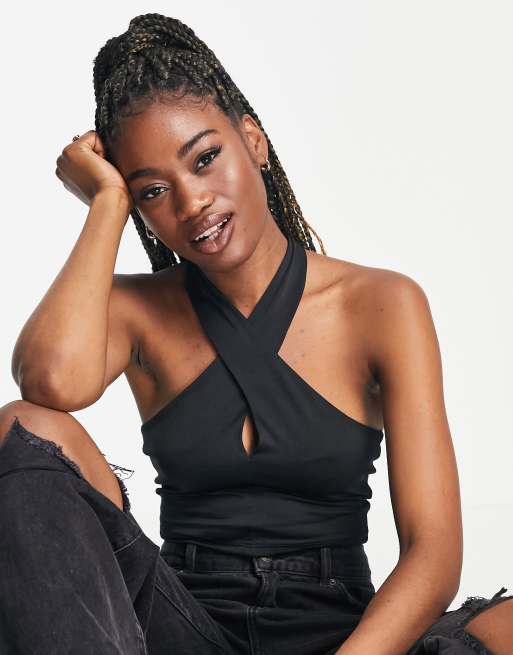 Miss Selfridge – Czarny przylegający top o kopertowym fasonie z dekoltem typu halter, część zestawu 