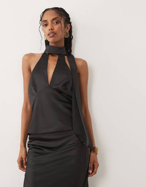 Miss Selfridge – Czarny satynowy top z szalikiem - view 1