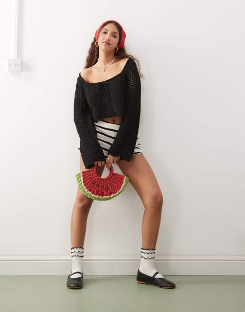 Miss Selfridge crochet square neck long sleeve jumper in black