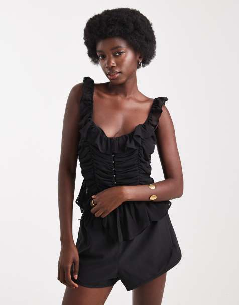 Miss Selfridge ruched detail frill cami in black