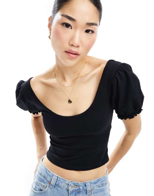 Miss Selfridge – Czarny top w stylu milkmaid z bufkami