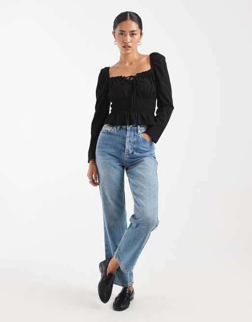 Miss Selfridge – Czarny top w stylu milkmaid z długimi rękawami, 2 z 4