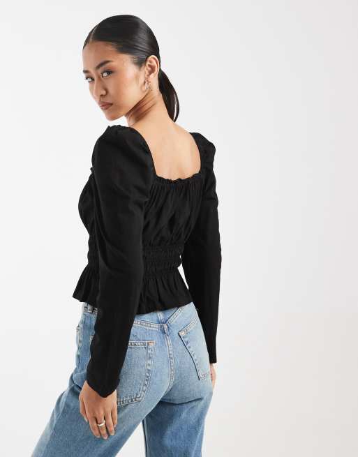 Miss Selfridge – Czarny top w stylu milkmaid z długimi rękawami, 3 z 4