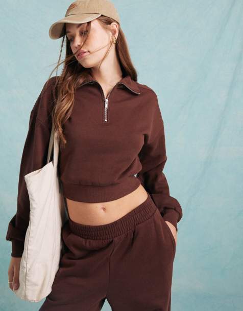 Miss Selfridge – Czekoladowa bluza o krótkim fasonie z suwakiem pod szyją, część zestawu - view 1