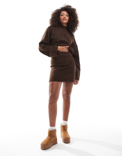 Miss Selfridge – Czekoladowa dzianinowa spódnica mini z ozdobnym szwem - view 1