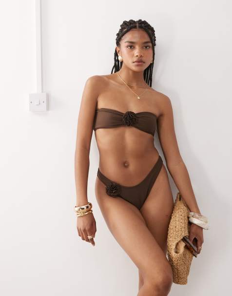 Miss Selfridge corsage bandeau bikini top in chocolate