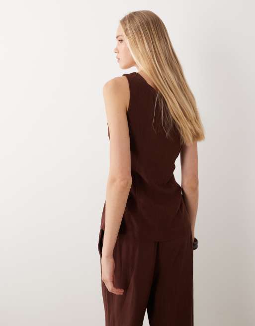 Miss Selfridge – Czekoladowa kamizelka o lnianym wyglądzie, 3 z 4