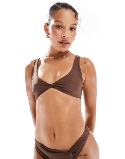 Miss Selfridge twist front crop bikini top in chocolate