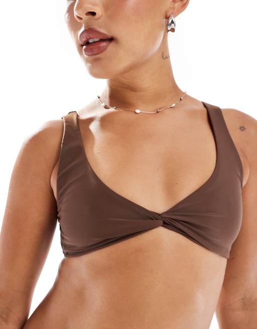 Miss Selfridge – Czekoladowa krótka góra od bikini ze skręconym przodem, 3 z 4