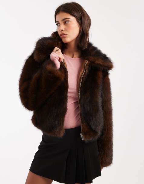 Miss Selfridge faux fur collar detail bomber in chocolate