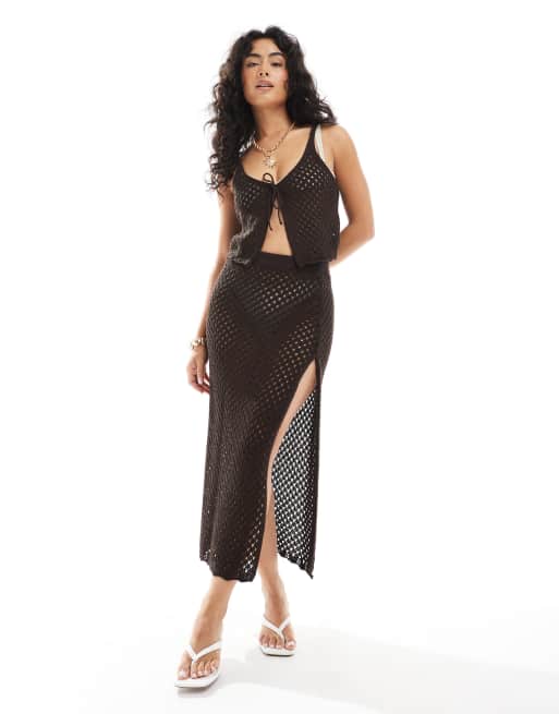 Miss Selfridge – Czekoladowa plażowa spódnica dzianinowa maxi z wiązaniem w talii, część zestawu