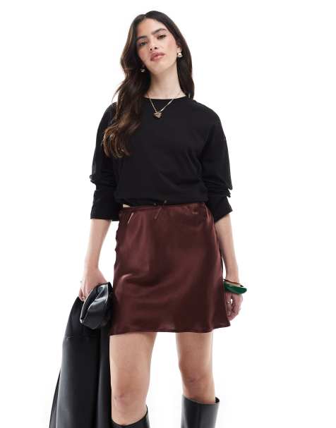 Miss Selfridge satin bias mini skirt with bow in chocolate