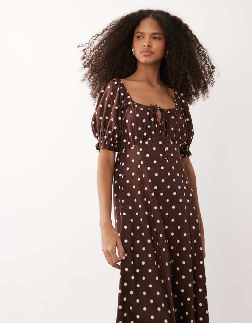 Miss Selfridge – Czekoladowa sukienka maxi z bufkami, w groszki, 3 z 4