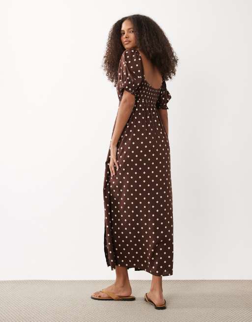 Miss Selfridge – Czekoladowa sukienka maxi z bufkami, w groszki, 4 z 4