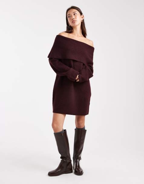 Miss Selfridge – Czekoladowa sukienka mini z odwijanym dekoltem bardot - view 1