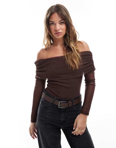Miss Selfridge mesh bardot bodysuit in chocolate