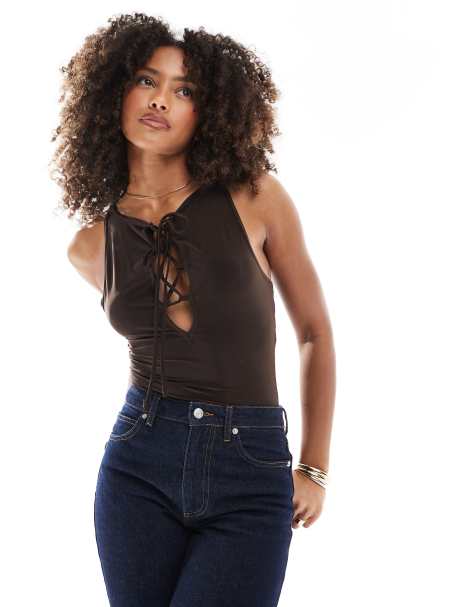Miss Selfridge tie front bodysuit in chocolate