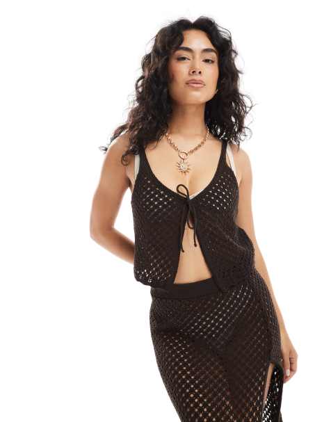 Miss Selfridge knitted tie front cami top beach co ord in chocolate