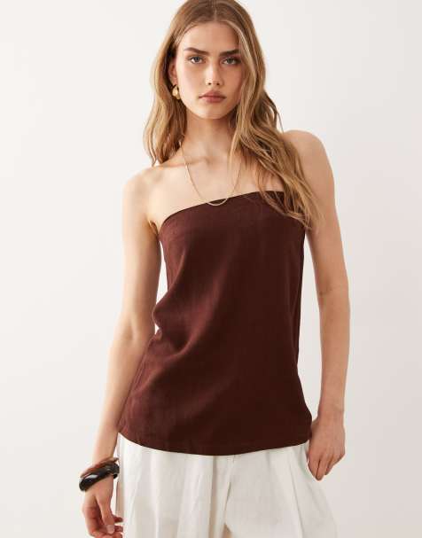 Miss Selfridge – Czekoladowy elegancki top bandeau o lnianym wyglądzie - view 1
