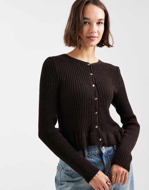 Miss Selfridge – Czekoladowy kardigan dzianinowy z baskinką - view 1