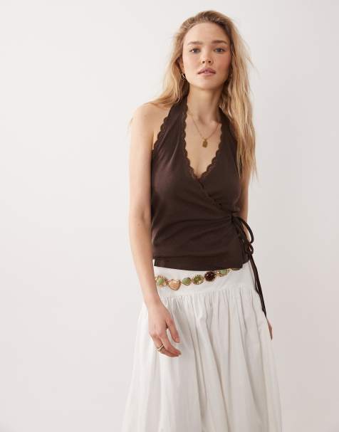 Miss Selfridge pointelle halterneck wrap top in chocolate