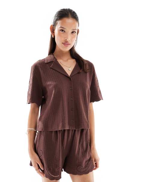 Miss Selfridge broderie detail crop top co-ord in chocolate with contrast stitching