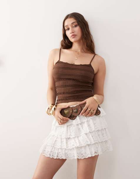 Miss Selfridge ruffle detail cami top in chocolate