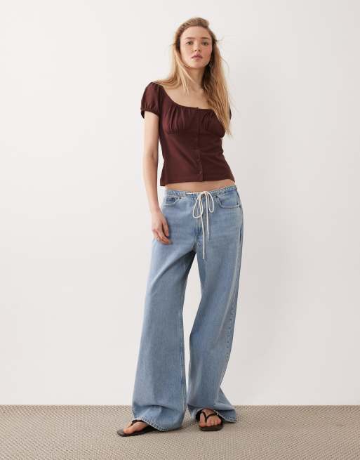 Miss Selfridge – Czekoladowy top typu milkmaid z guzikami, 3 z 4