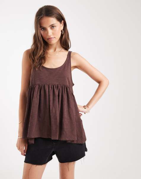 Miss Selfridge scoop neck swing top in chocolate slub